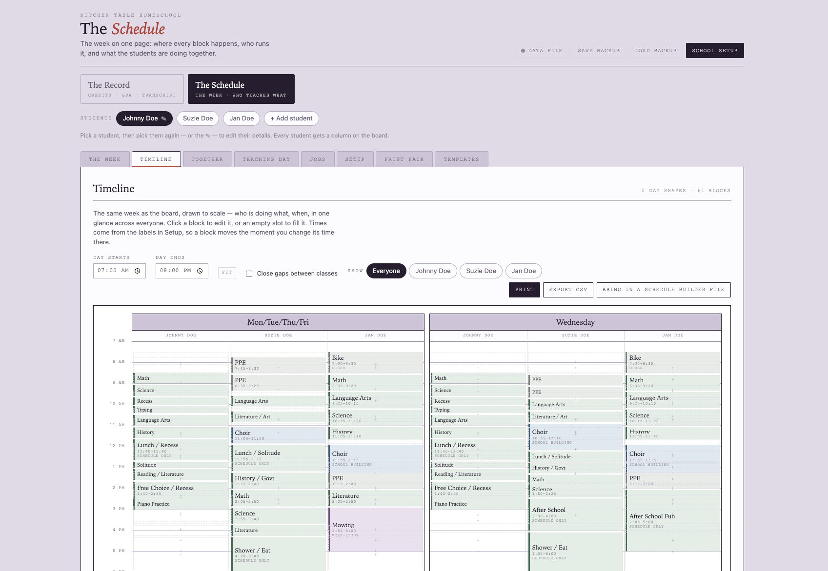 Homeschool coursework and weekly schedule page