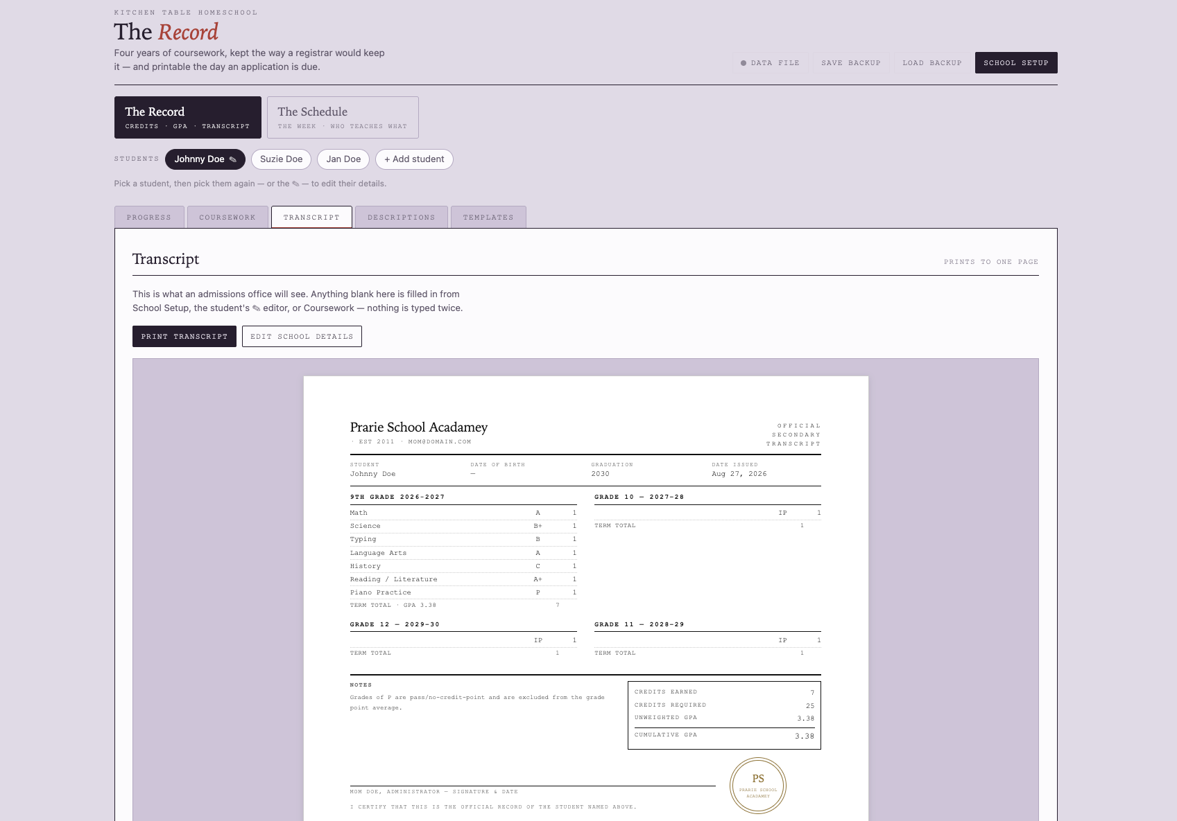 Homeschool records and transcript page