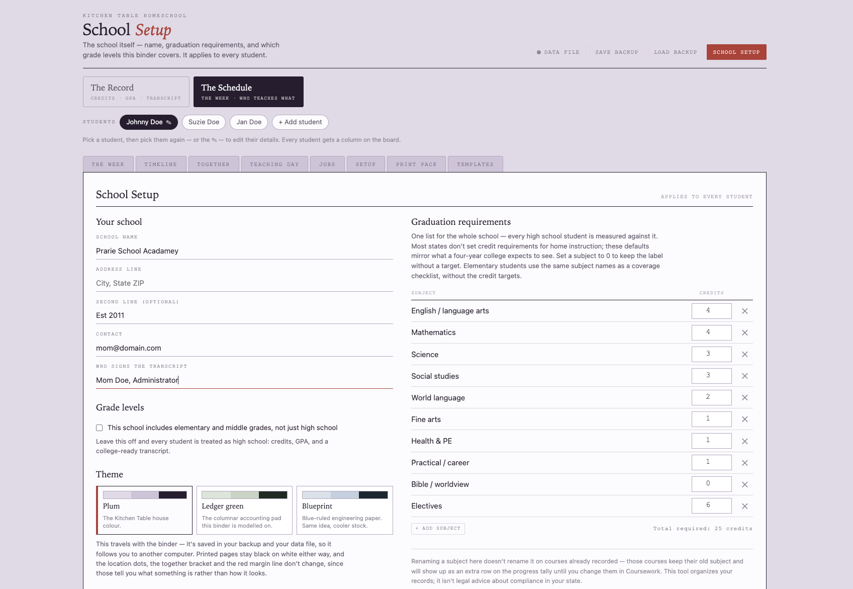 Homeschool school setup and graduation requirements page